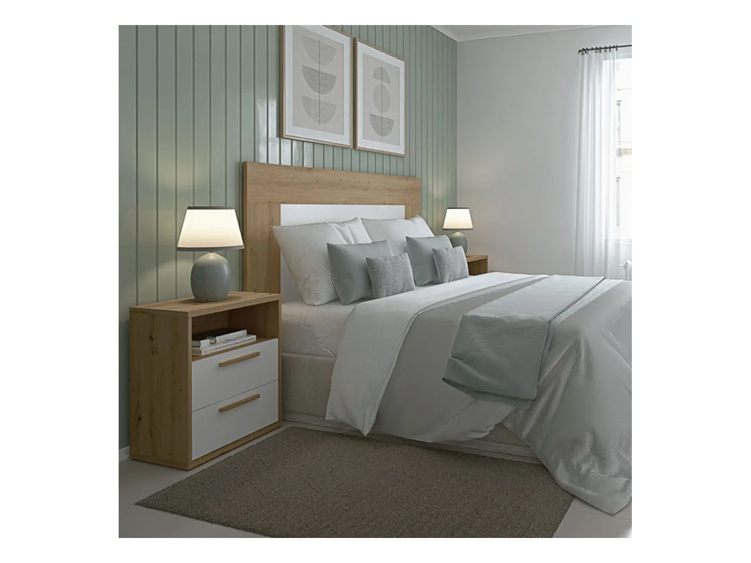 Cabezal para Cama de Matrimonio con patas, Color Blanco y Roble, Medidas: 160 cm (Ancho) x 130 cm (Alto) x 2,5 cm (Fondo)