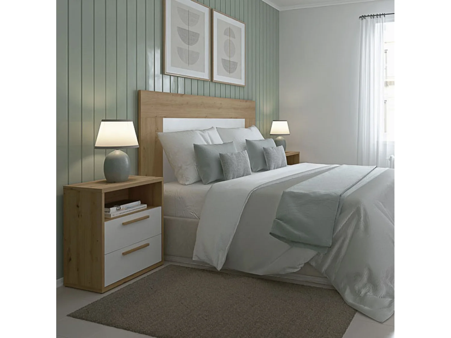 Cabezal para Cama de Matrimonio con patas, Color Blanco y Roble, Medidas: 160 cm (Ancho) x 130 cm (Alto) x 2,5 cm (Fondo)