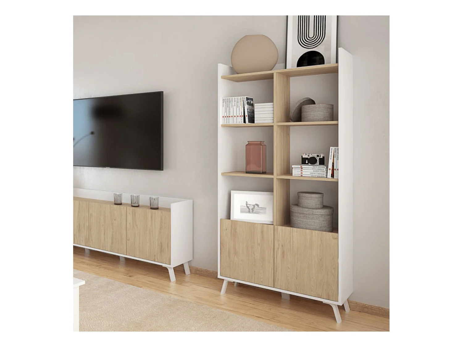 Estantería Decorativa, Librería, Separador Ambientes, Acabado en Roble y Blanco,171 cm (Al) x 80 cm (Anc) x 33,5 cm (Fon)