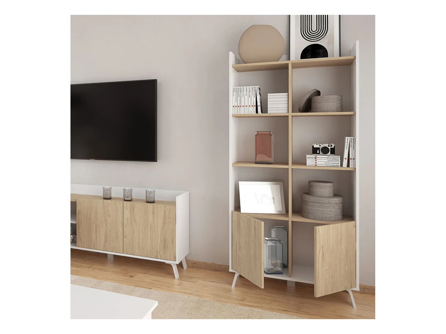 Estantería Decorativa, Librería, Separador Ambientes, Acabado en Roble y Blanco,171 cm (Al) x 80 cm (Anc) x 33,5 cm (Fon)