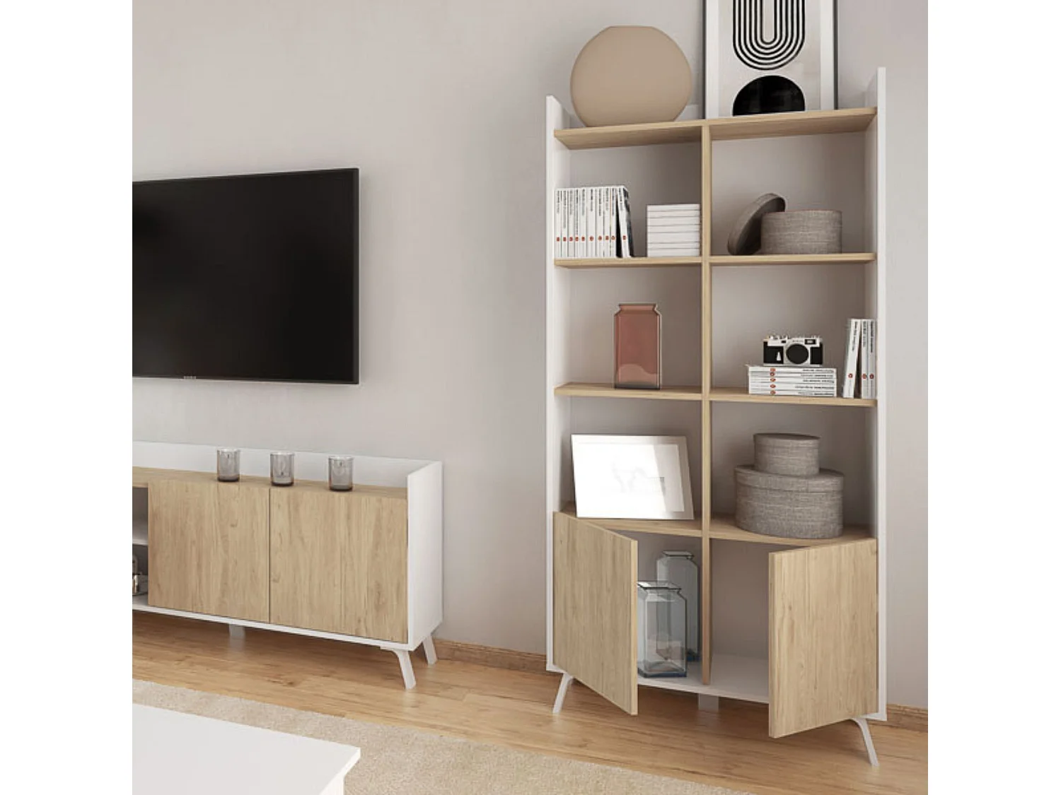 Estantería Decorativa, Librería, Separador Ambientes, Acabado en Roble y Blanco,171 cm (Al) x 80 cm (Anc) x 33,5 cm (Fon)