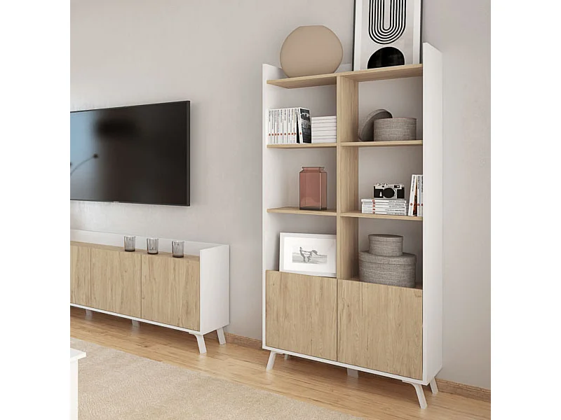 Estantería Decorativa, Librería, Separador Ambientes, Acabado en Roble y Blanco,171 cm (Al) x 80 cm (Anc) x 33,5 cm (Fon)