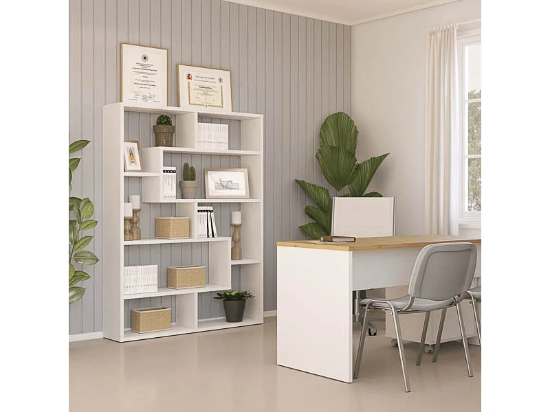 Estantería Geométrica Blanca para Salón con Múltiples Estantes – 169 x 120 x 28 cm (alto x ancho x fondo)