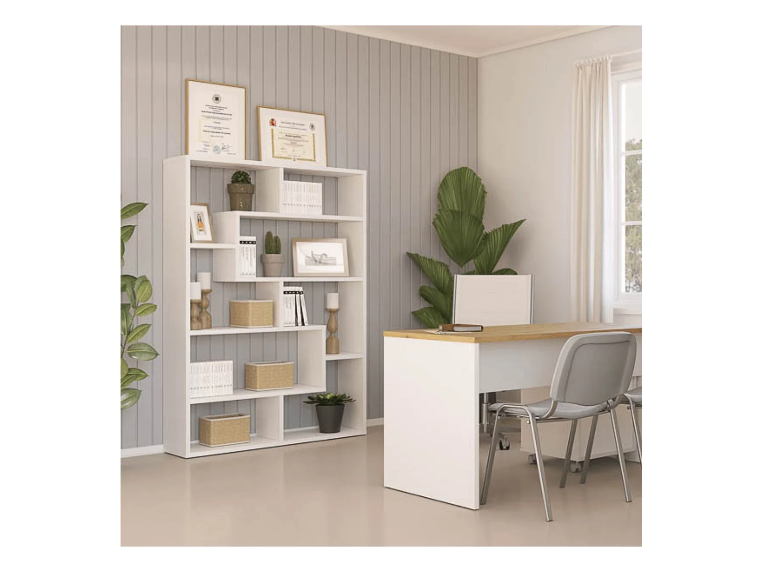 Estantería Geométrica Blanca para Salón con Múltiples Estantes – 169 x 120 x 28 cm (alto x ancho x fondo)