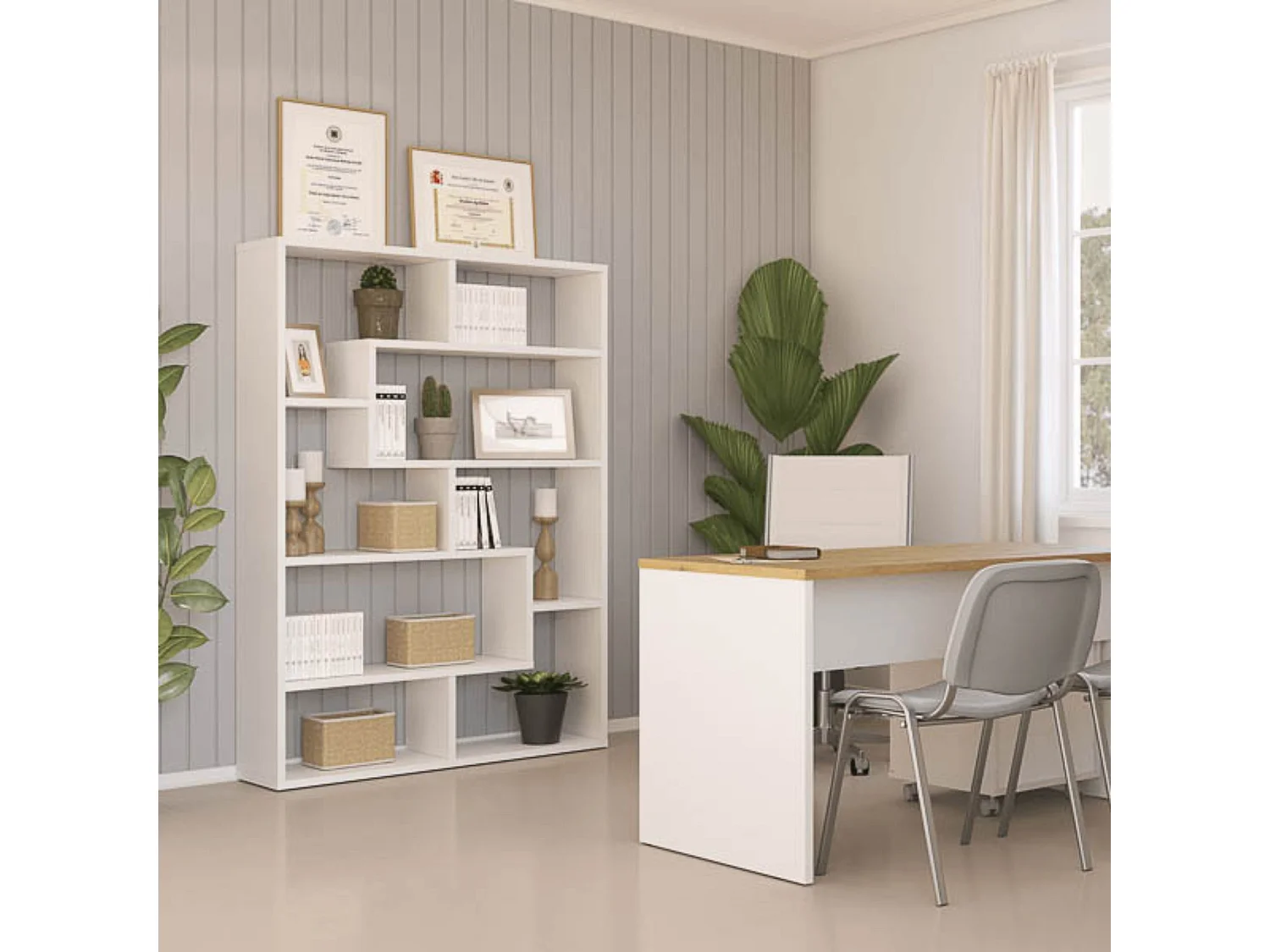 Estantería Geométrica Blanca para Salón con Múltiples Estantes – 169 x 120 x 28 cm (alto x ancho x fondo)