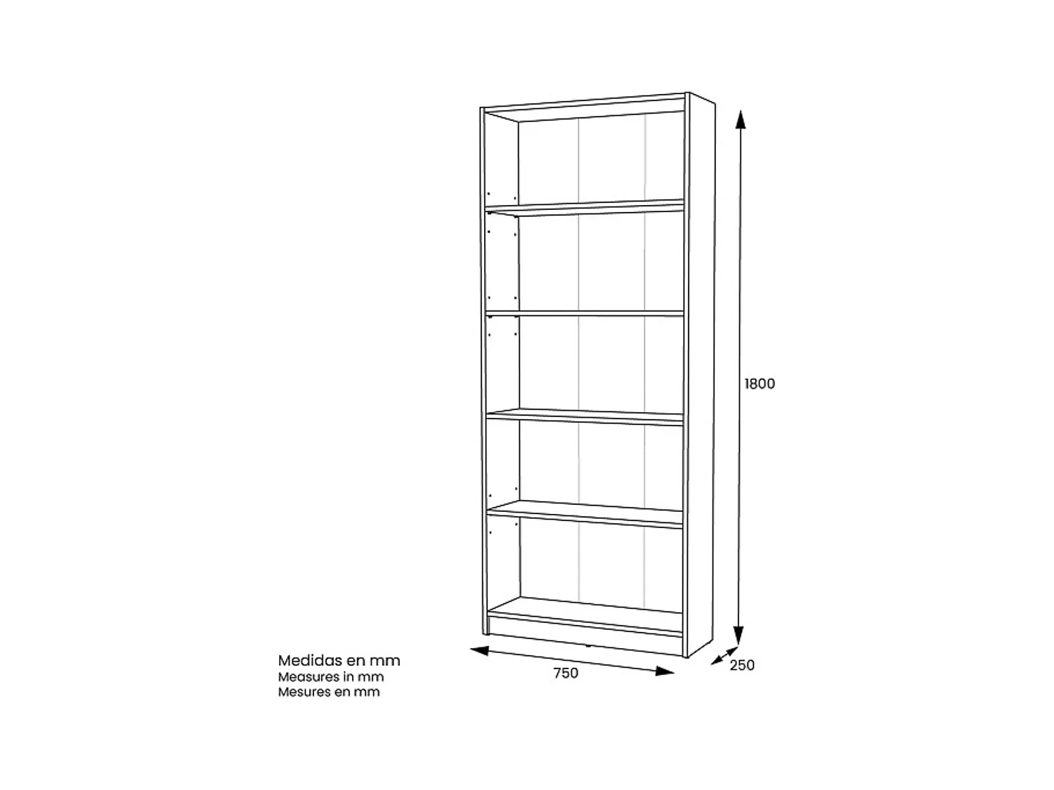 Estantería Alta Salón, Librería, Color Blanco, Medidas: 180 cm (Alto) x 75 cm (Ancho) x 25 cm (Fondo)