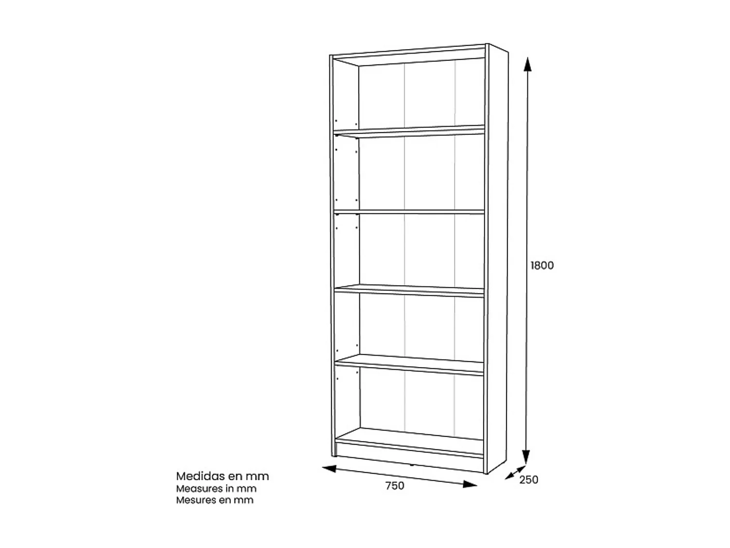Estantería Alta Salón, Librería, Color Blanco, Medidas: 180 cm (Alto) x 75 cm (Ancho) x 25 cm (Fondo)