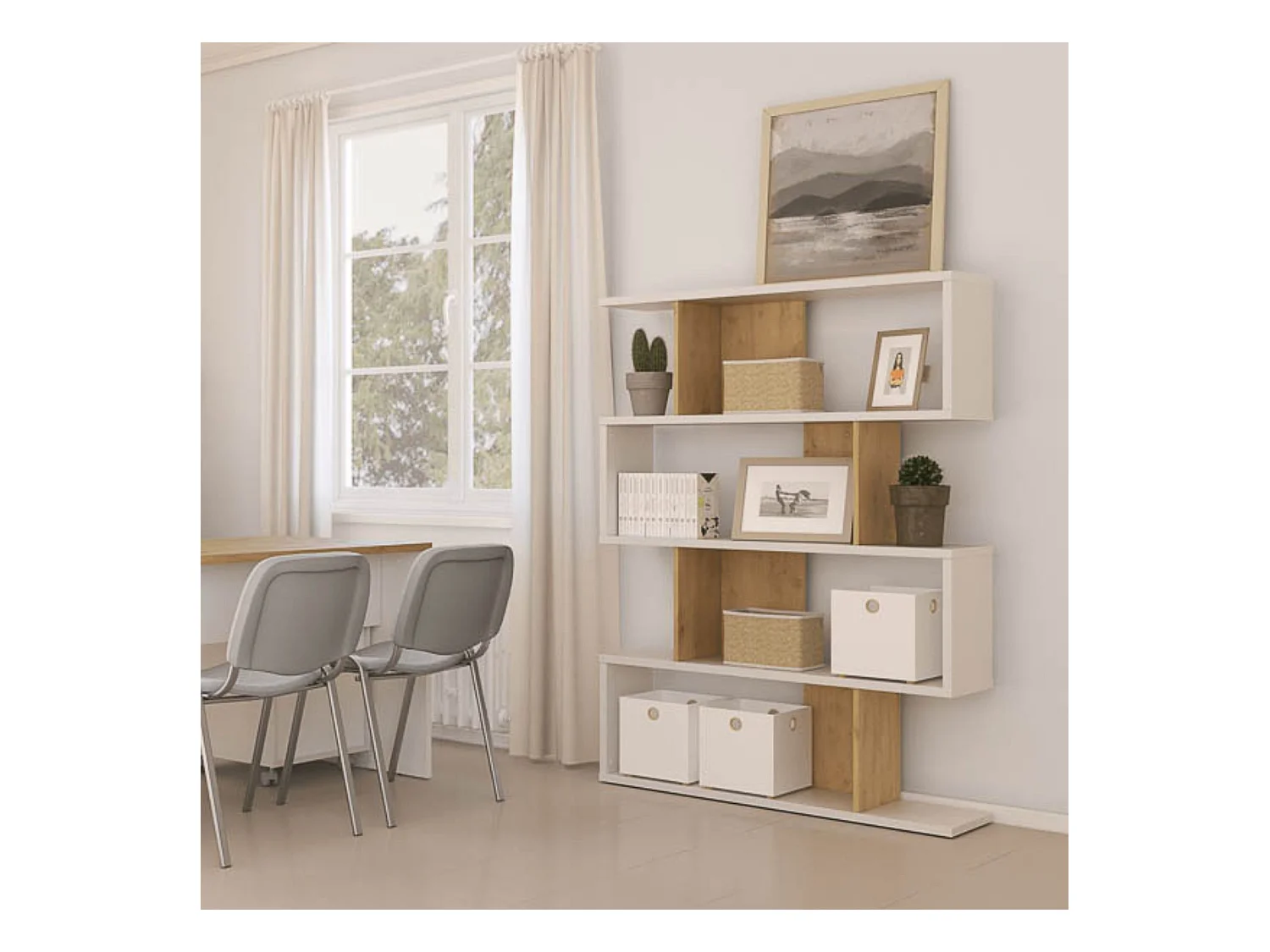 Estantería Salón, Librería, Color Blanco y Roble, Medidas: 152 cm (Alto) x 110 cm (Ancho) x 28,5 cm (Fondo