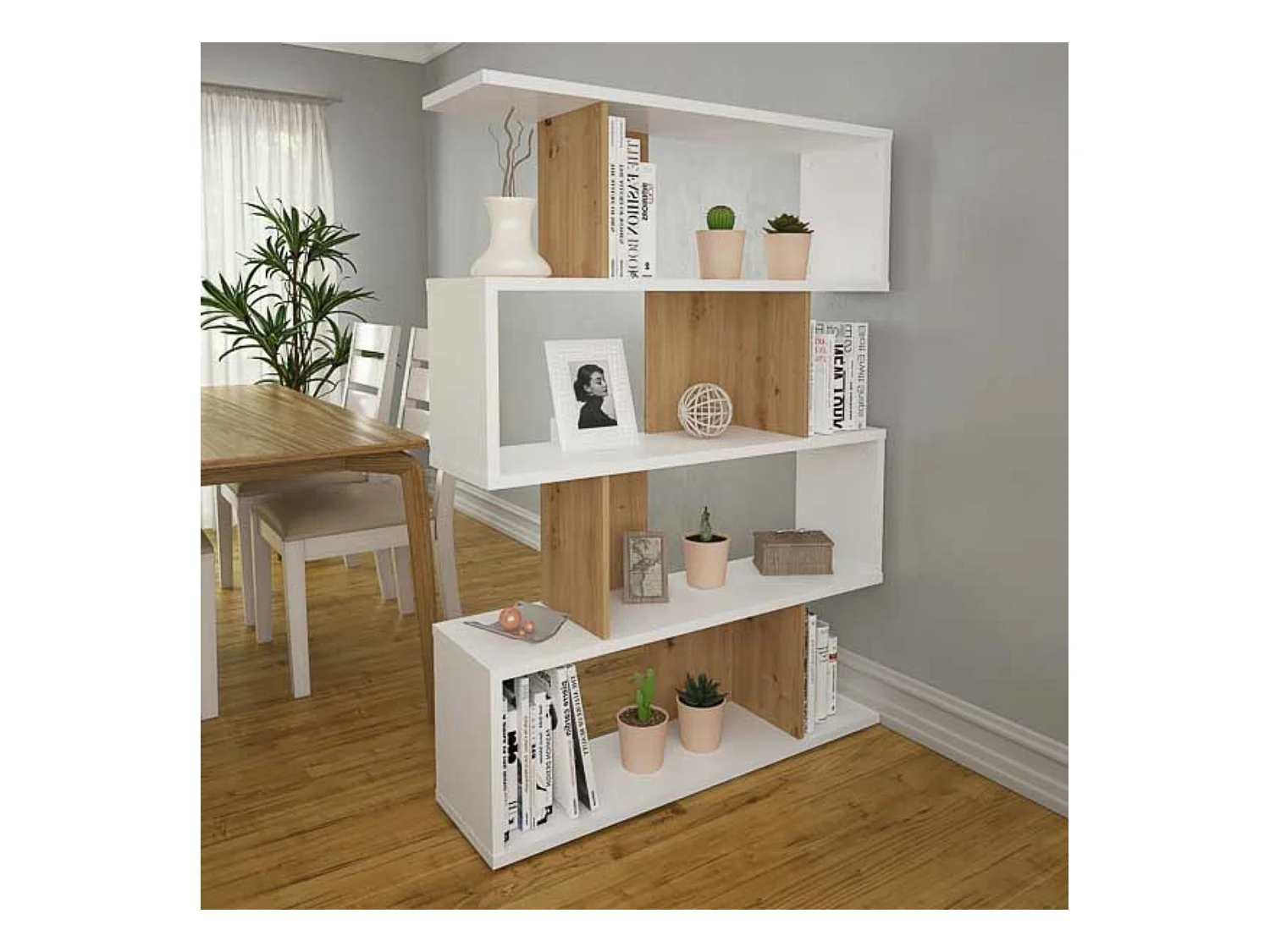 Estantería Salón, Librería, Color Blanco y Roble, Medidas: 152 cm (Alto) x 110 cm (Ancho) x 28,5 cm (Fondo