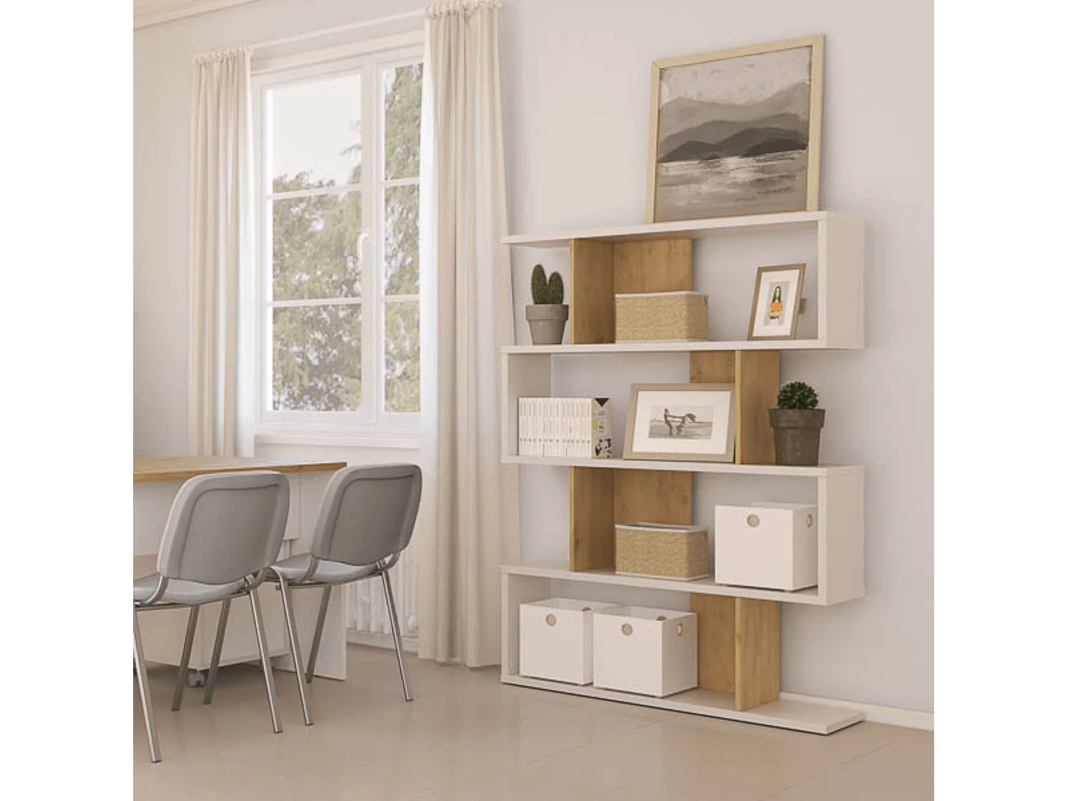 Estantería Salón, Librería, Color Blanco y Roble, Medidas: 152 cm (Alto) x 110 cm (Ancho) x 28,5 cm (Fondo