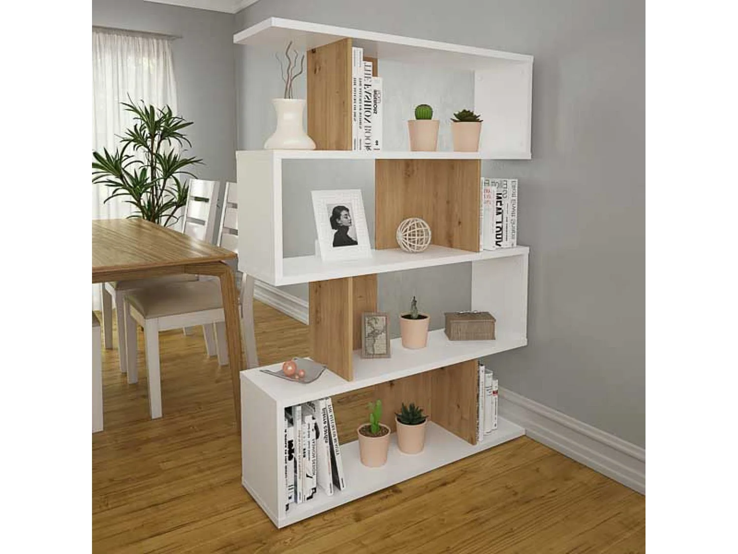 Estantería Salón, Librería, Color Blanco y Roble, Medidas: 152 cm (Alto) x 110 cm (Ancho) x 28,5 cm (Fondo