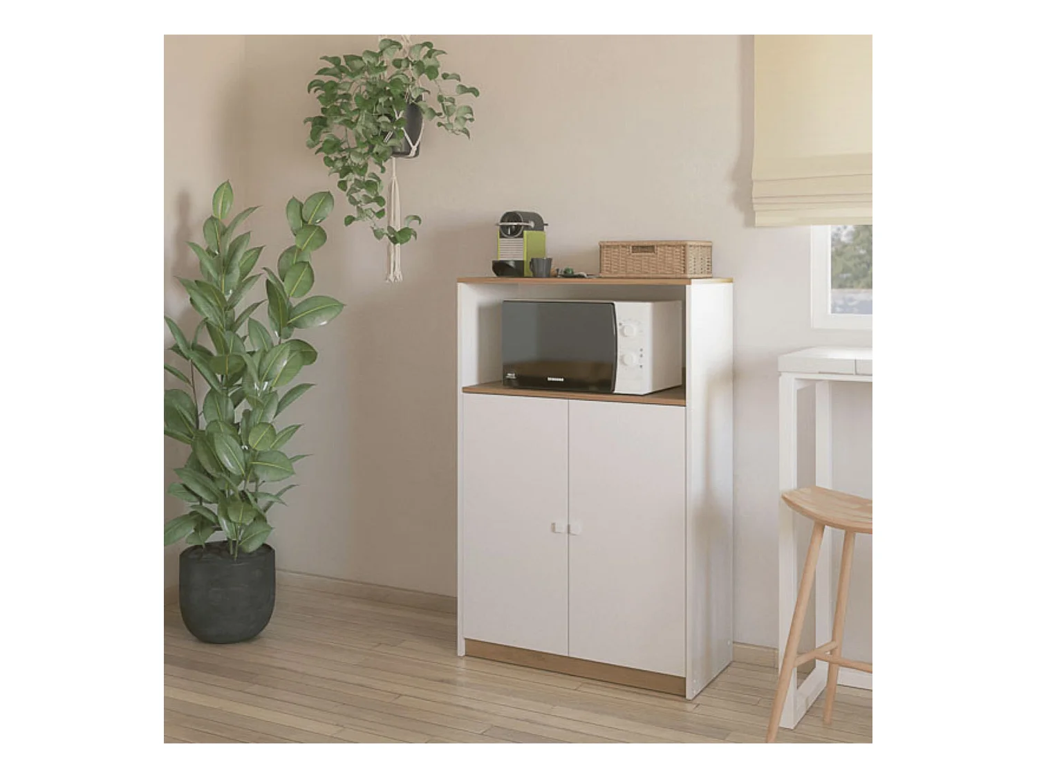 Mueble Auxiliar para Microondas | Color Blanco y Roble | 124 x 80 x 40 cm (alto x ancho x fondo)