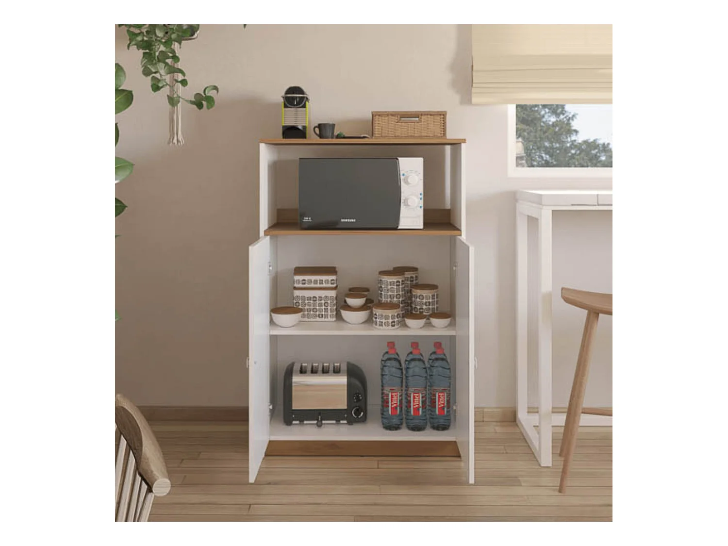 Mueble Auxiliar para Microondas | Color Blanco y Roble | 124 x 80 x 40 cm (alto x ancho x fondo)