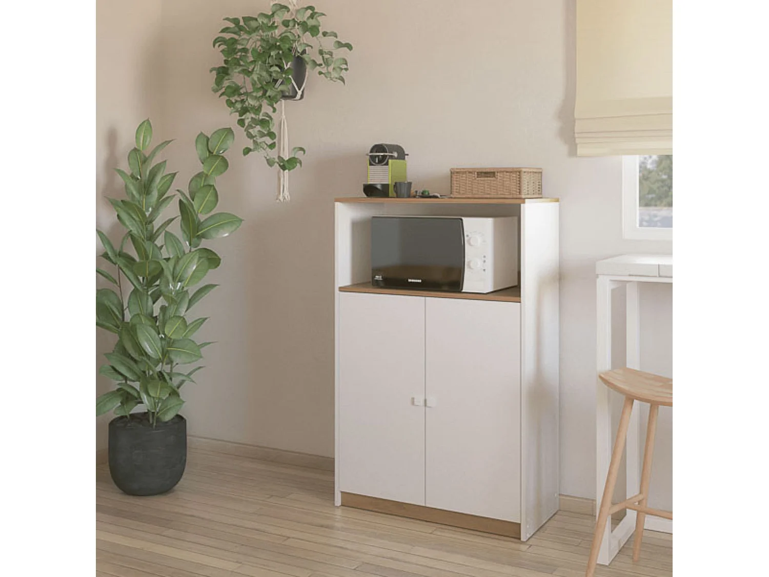 Mueble Auxiliar para Microondas | Color Blanco y Roble | 124 x 80 x 40 cm (alto x ancho x fondo)