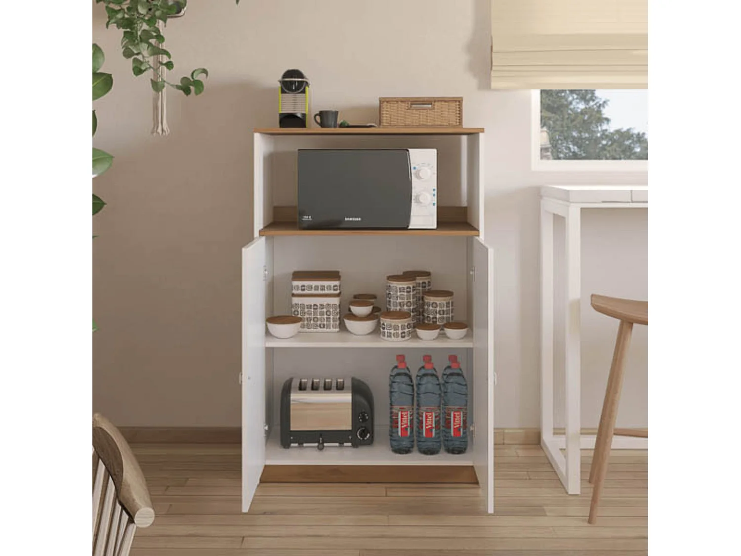 Mueble Auxiliar para Microondas | Color Blanco y Roble | 124 x 80 x 40 cm (alto x ancho x fondo)