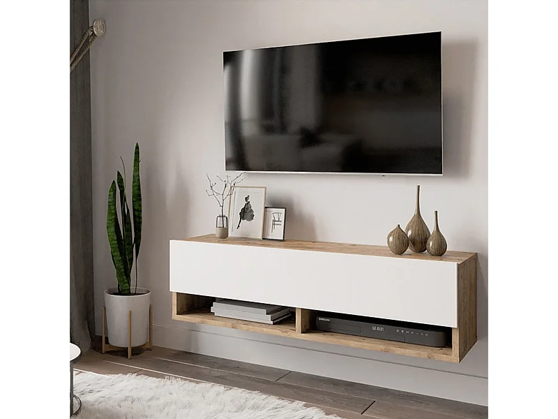 Mueble TV Moderno con 1 Puerta y Estantes en Melamina Color Cambria y Blanco - 100x31.5x29.6cm