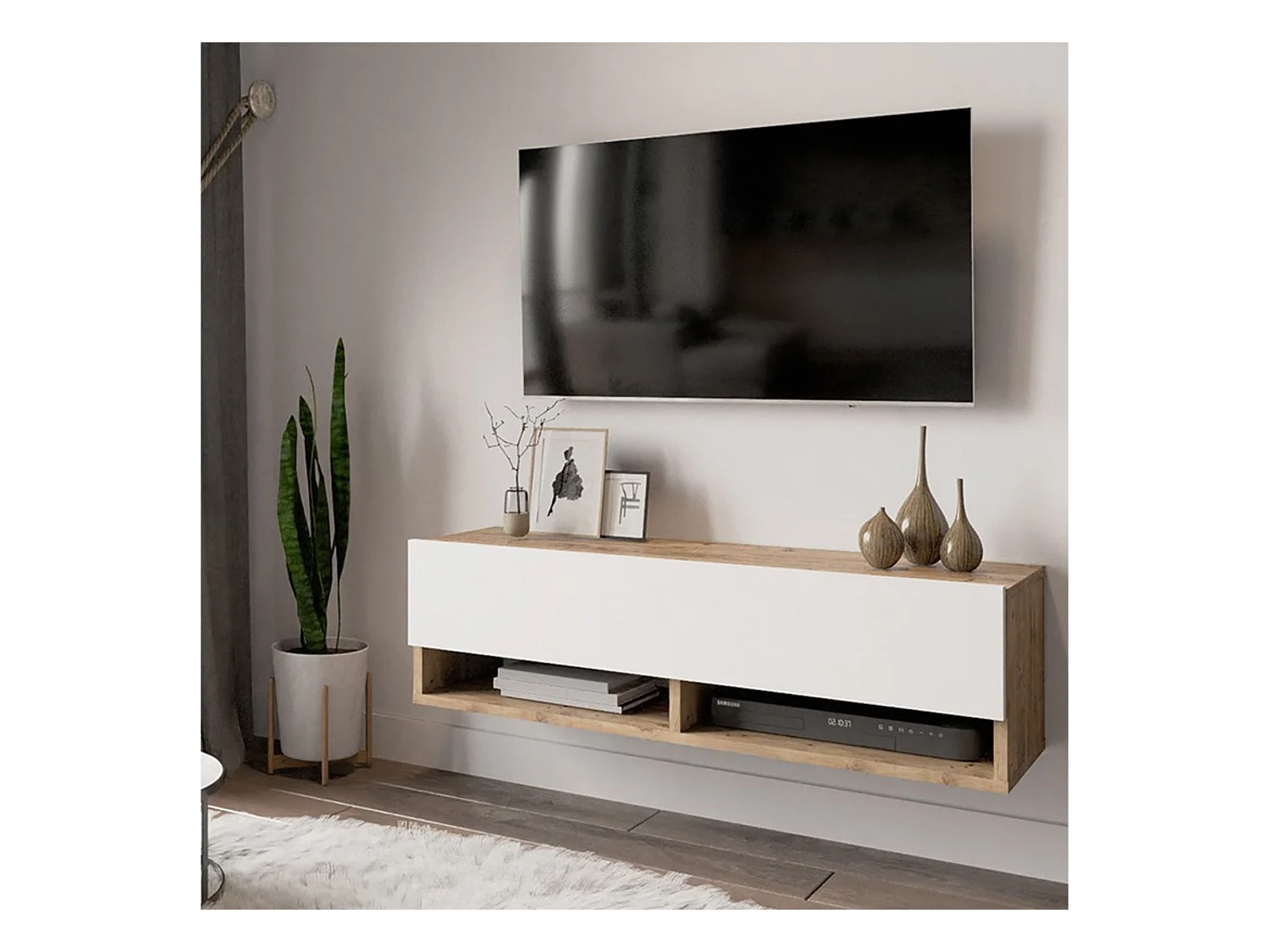 Mueble TV Moderno con 1 Puerta y Estantes en Melamina Color Cambria y Blanco - 100x31.5x29.6cm