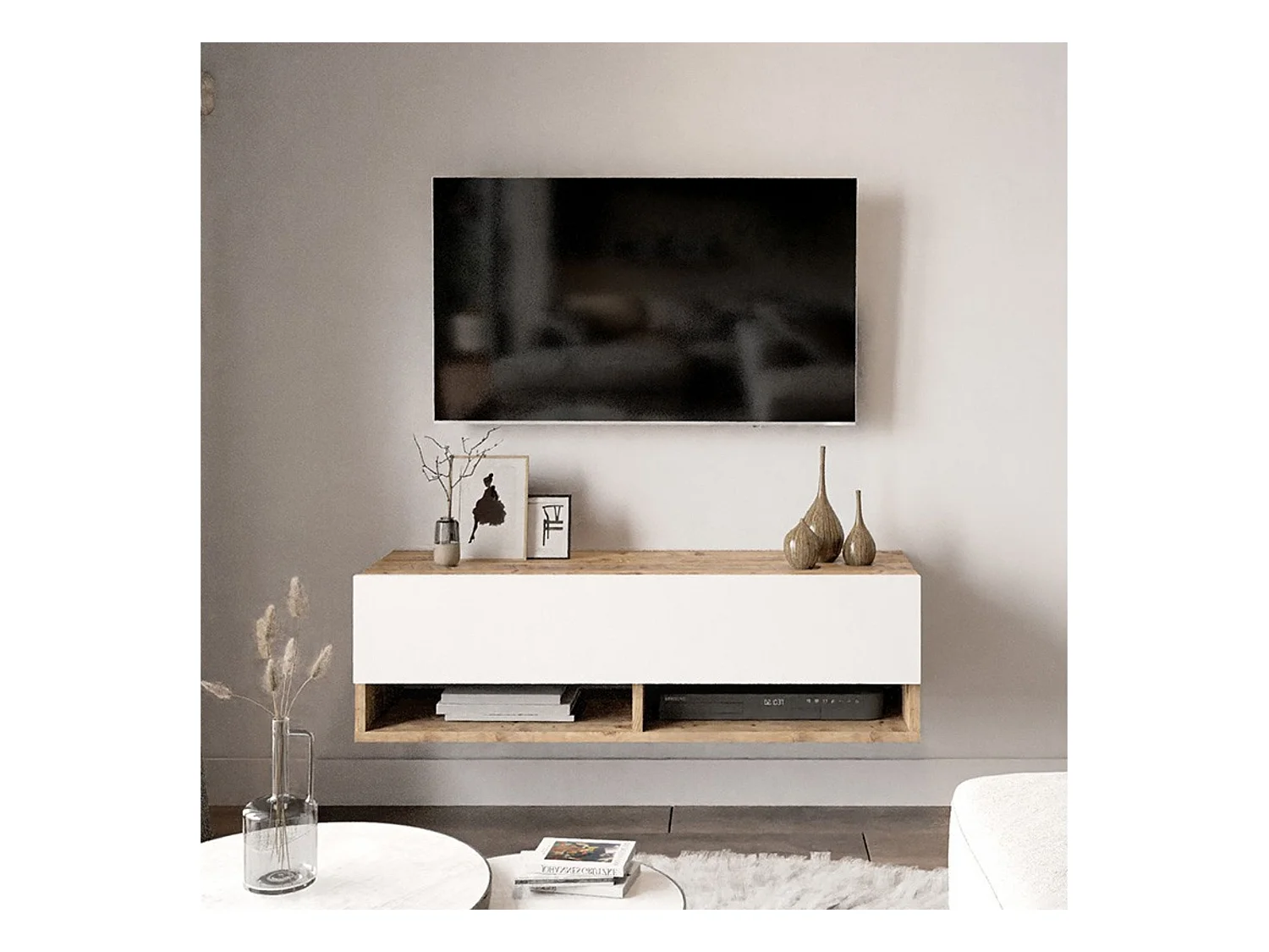 Mueble TV Moderno con 1 Puerta y Estantes en Melamina Color Cambria y Blanco - 100x31.5x29.6cm