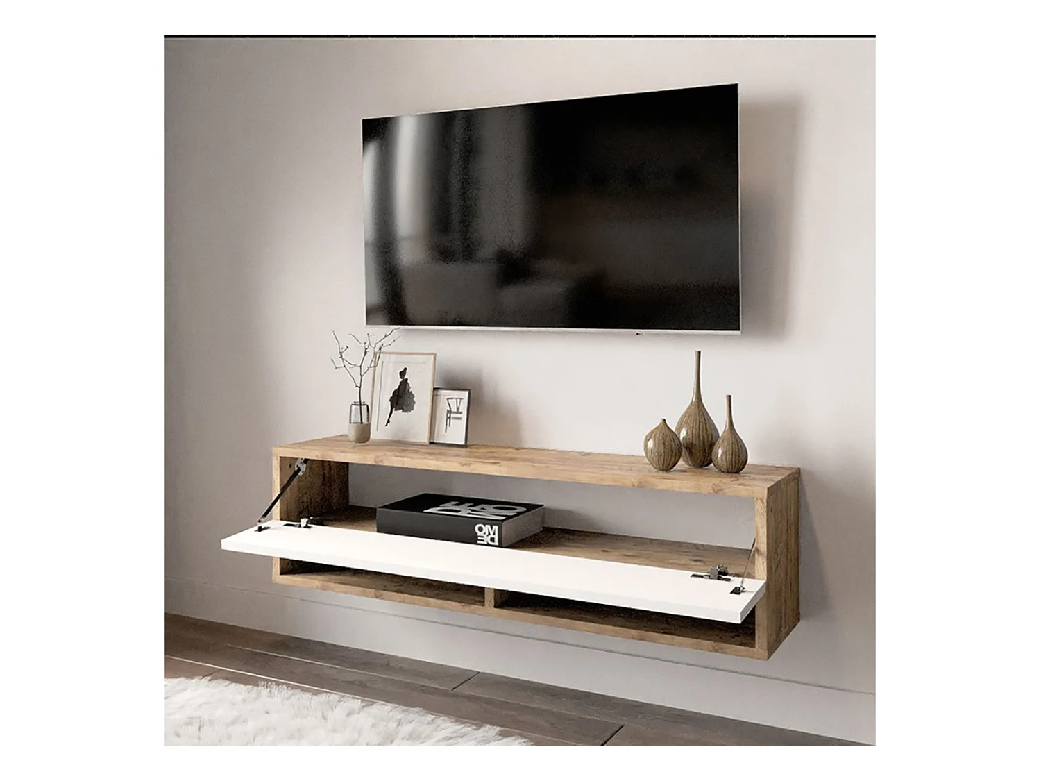 Mueble TV Moderno con 1 Puerta y Estantes en Melamina Color Cambria y Blanco - 100x31.5x29.6cm