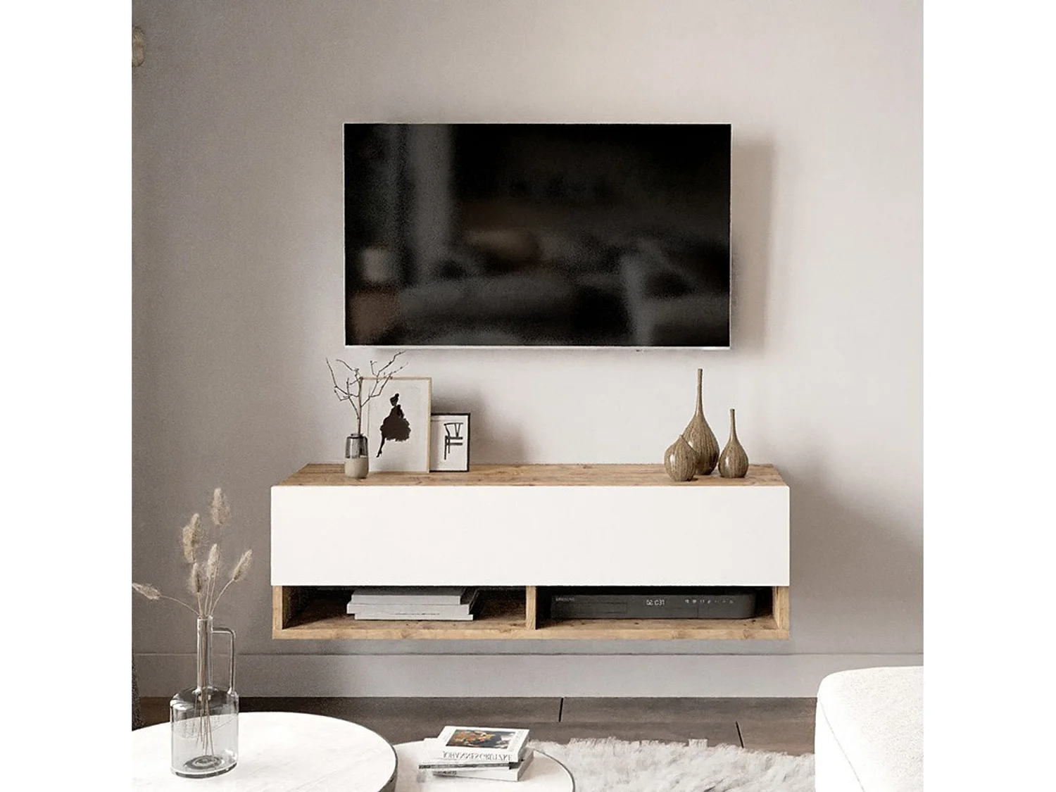 Mueble TV Moderno con 1 Puerta y Estantes en Melamina Color Cambria y Blanco - 100x31.5x29.6cm