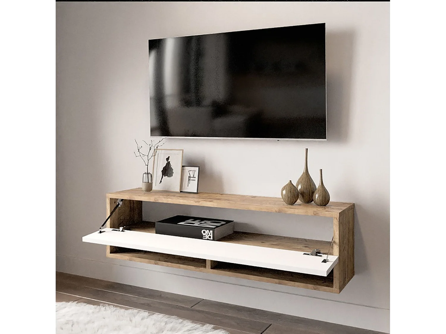 Mueble TV Moderno con 1 Puerta y Estantes en Melamina Color Cambria y Blanco - 100x31.5x29.6cm