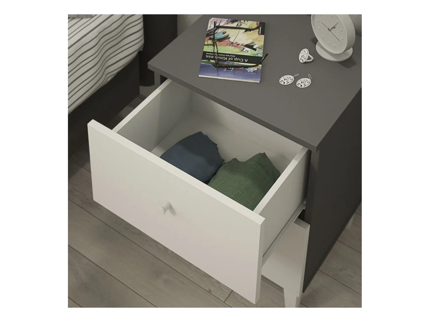Mesita de noche 2 cajones acabado gris/blanco. 56.5cm(alto) 40cm(ancho) 35cm