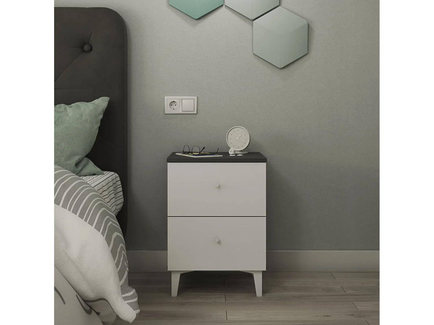 Mesita de noche 2 cajones acabado gris/blanco. 56.5cm(alto) 40cm(ancho) 35cm