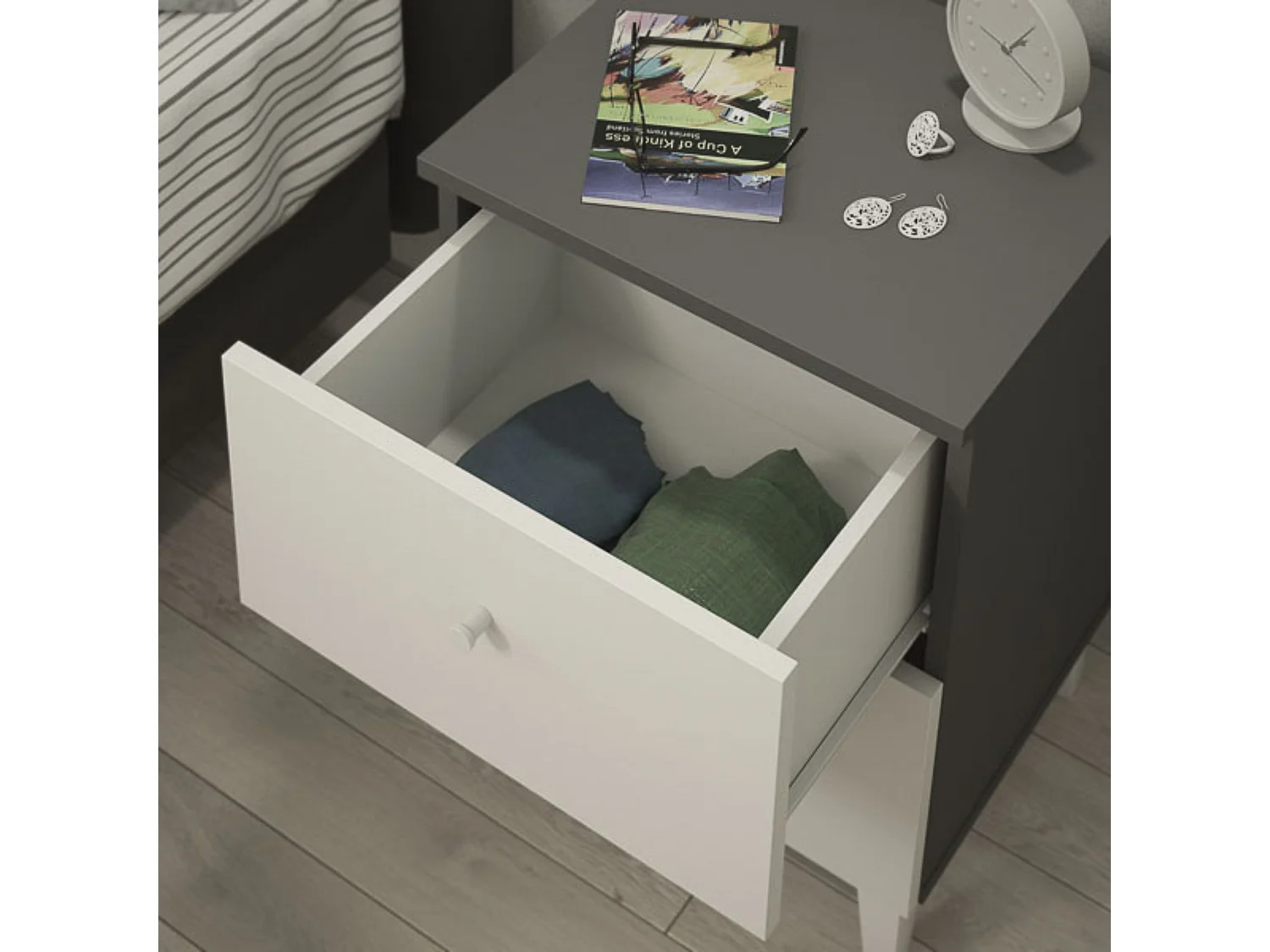 Mesita de noche 2 cajones acabado gris/blanco. 56.5cm(alto) 40cm(ancho) 35cm
