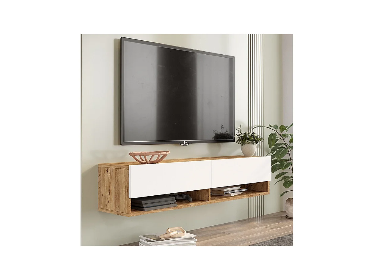 Mueble TV de Pared Color Blanco-Roble 140x31.6x29.6 cm - 2 Puertas - Estilo Moderno y Funcional.