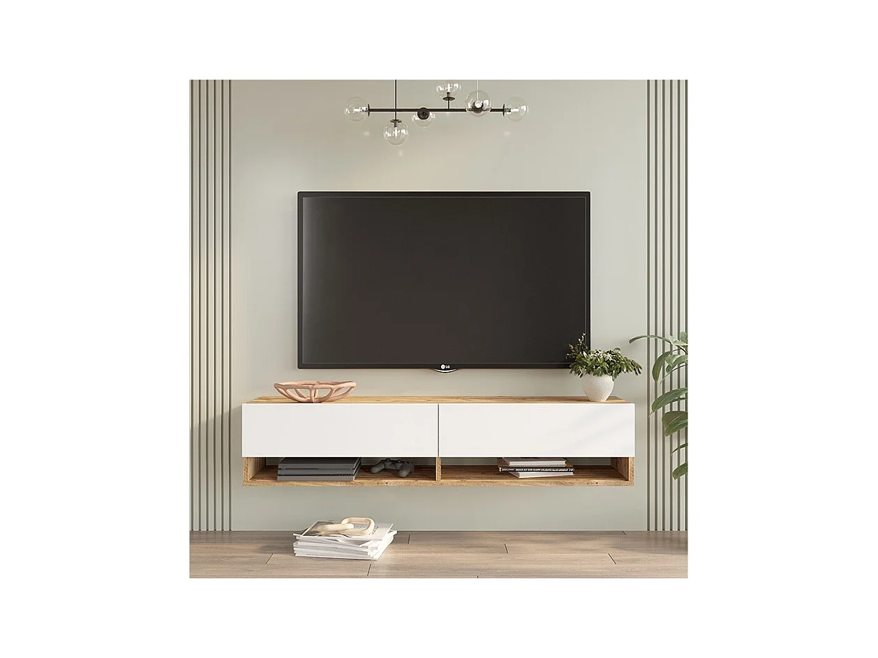 Mueble TV de Pared Color Blanco-Roble 140x31.6x29.6 cm - 2 Puertas - Estilo Moderno y Funcional.