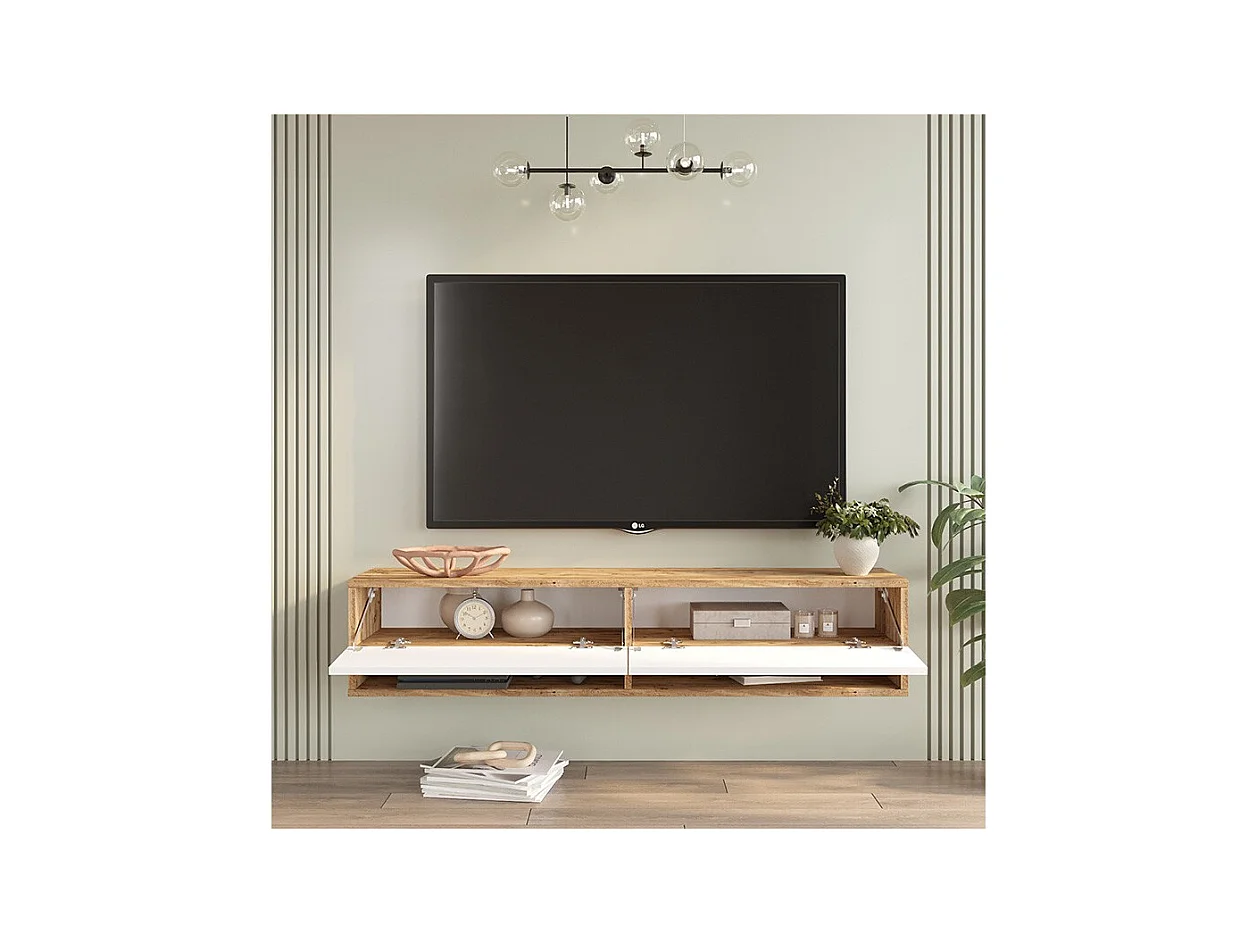 Mueble TV de Pared Color Blanco-Roble 140x31.6x29.6 cm - 2 Puertas - Estilo Moderno y Funcional.