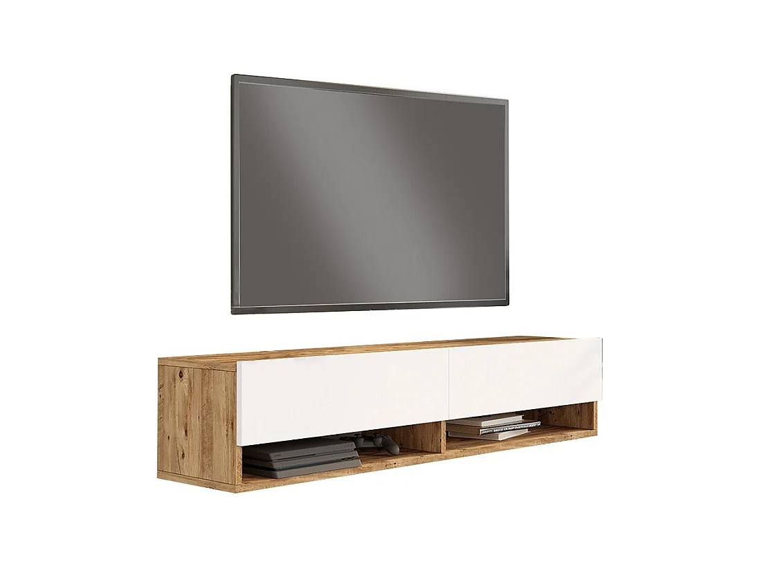 Mueble TV de Pared Color Blanco-Roble 140x31.6x29.6 cm - 2 Puertas - Estilo Moderno y Funcional.