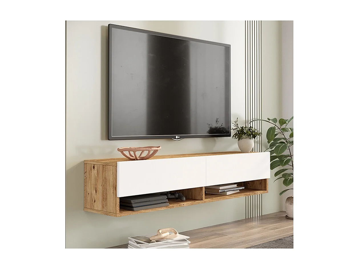 Mueble TV de Pared Color Blanco-Roble 140x31.6x29.6 cm - 2 Puertas - Estilo Moderno y Funcional.