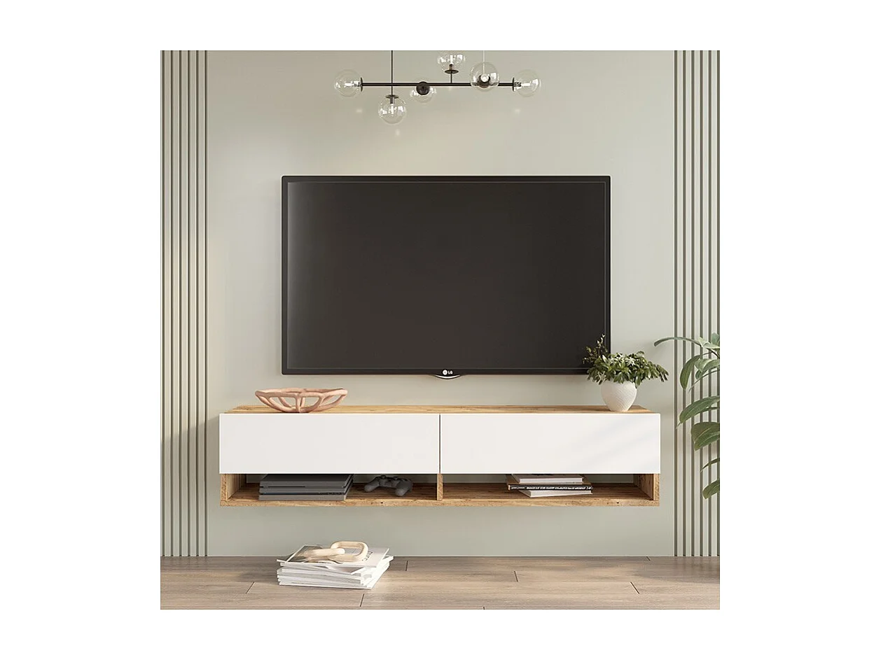 Mueble TV de Pared Color Blanco-Roble 140x31.6x29.6 cm - 2 Puertas - Estilo Moderno y Funcional.