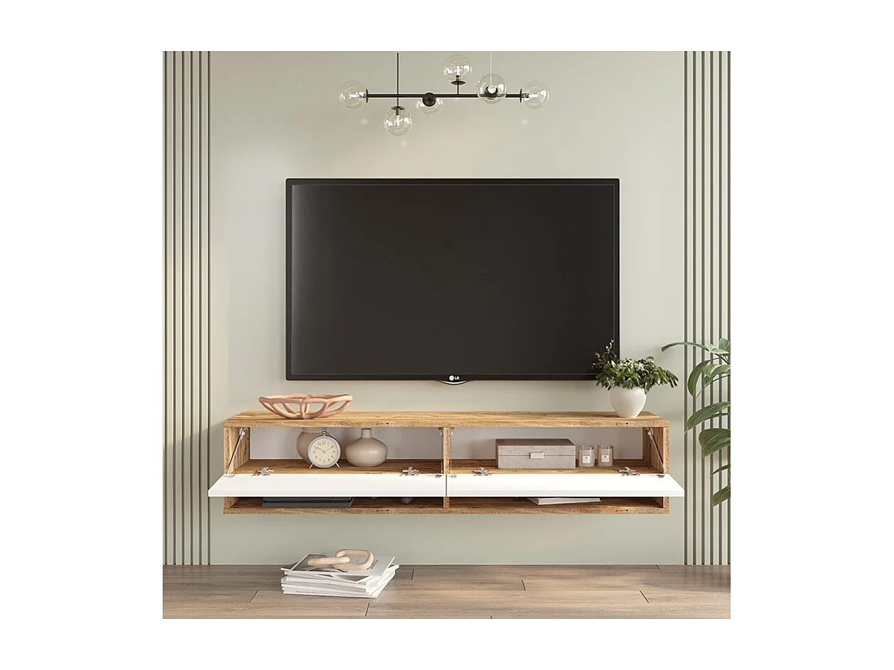 Mueble TV de Pared Color Blanco-Roble 140x31.6x29.6 cm - 2 Puertas - Estilo Moderno y Funcional.