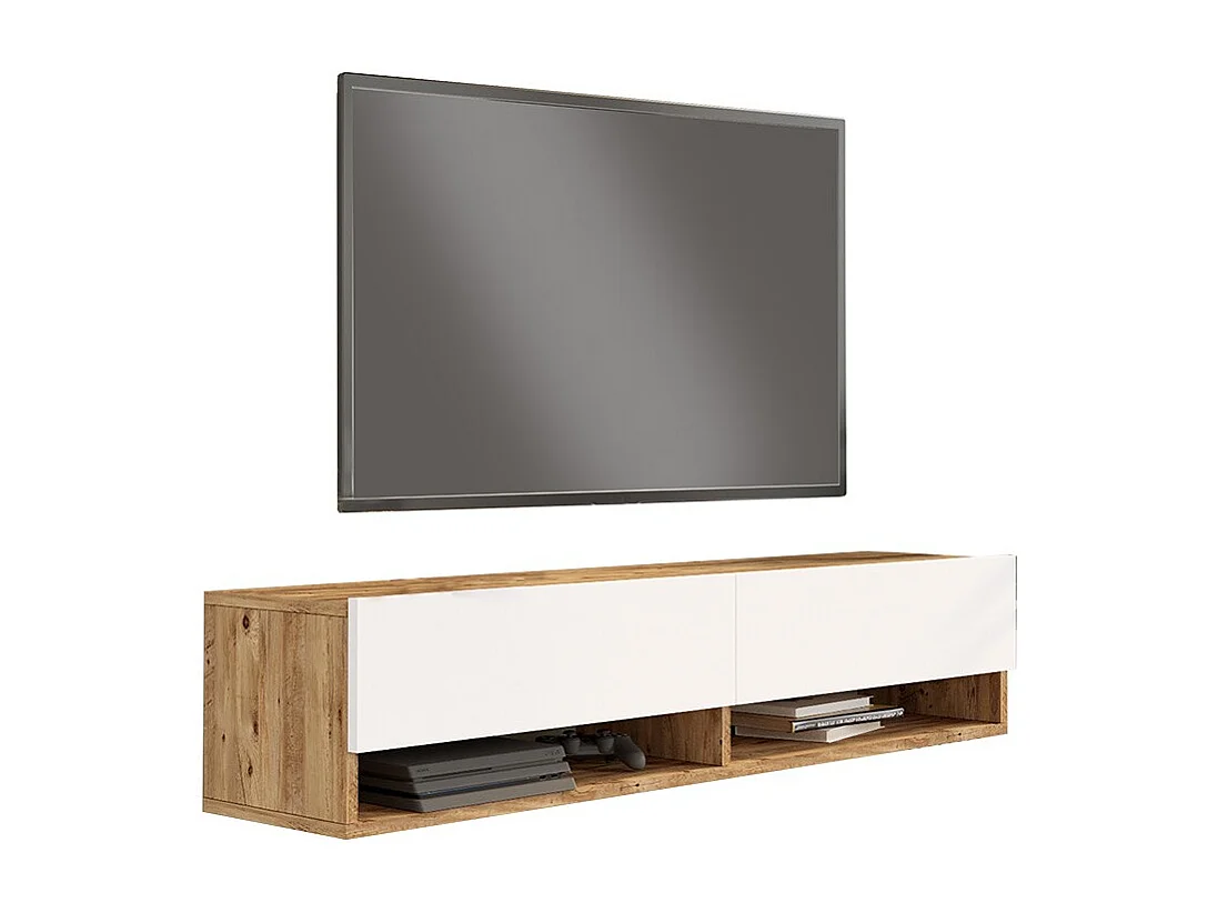 Mueble TV de Pared Color Blanco-Roble 140x31.6x29.6 cm - 2 Puertas - Estilo Moderno y Funcional.