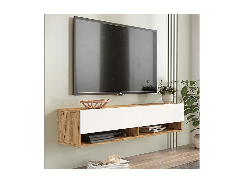 Mueble TV de Pared Color Blanco-Roble 140x31.6x29.6 cm - 2 Puertas - Estilo Moderno y Funcional.