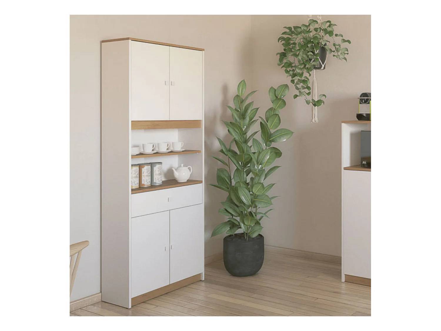 Armario Multiusos Tipo Buffet con 4 Puertas – Acabado Blanco y Roble – 180 x 67 x 29 cm (alto x ancho x fondo)