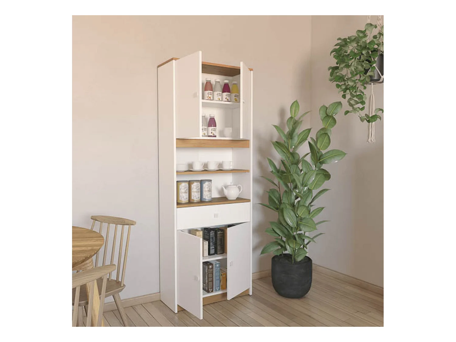 Armario Multiusos Tipo Buffet con 4 Puertas – Acabado Blanco y Roble – 180 x 67 x 29 cm (alto x ancho x fondo)
