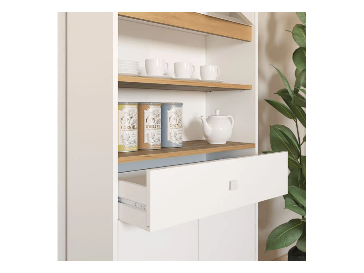 Armario Multiusos Tipo Buffet con 4 Puertas – Acabado Blanco y Roble – 180 x 67 x 29 cm (alto x ancho x fondo)