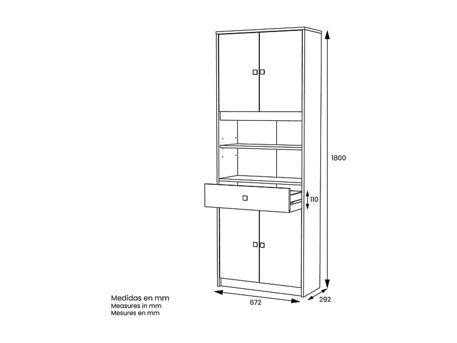 Armario Multiusos Tipo Buffet con 4 Puertas – Acabado Blanco y Roble – 180 x 67 x 29 cm (alto x ancho x fondo)