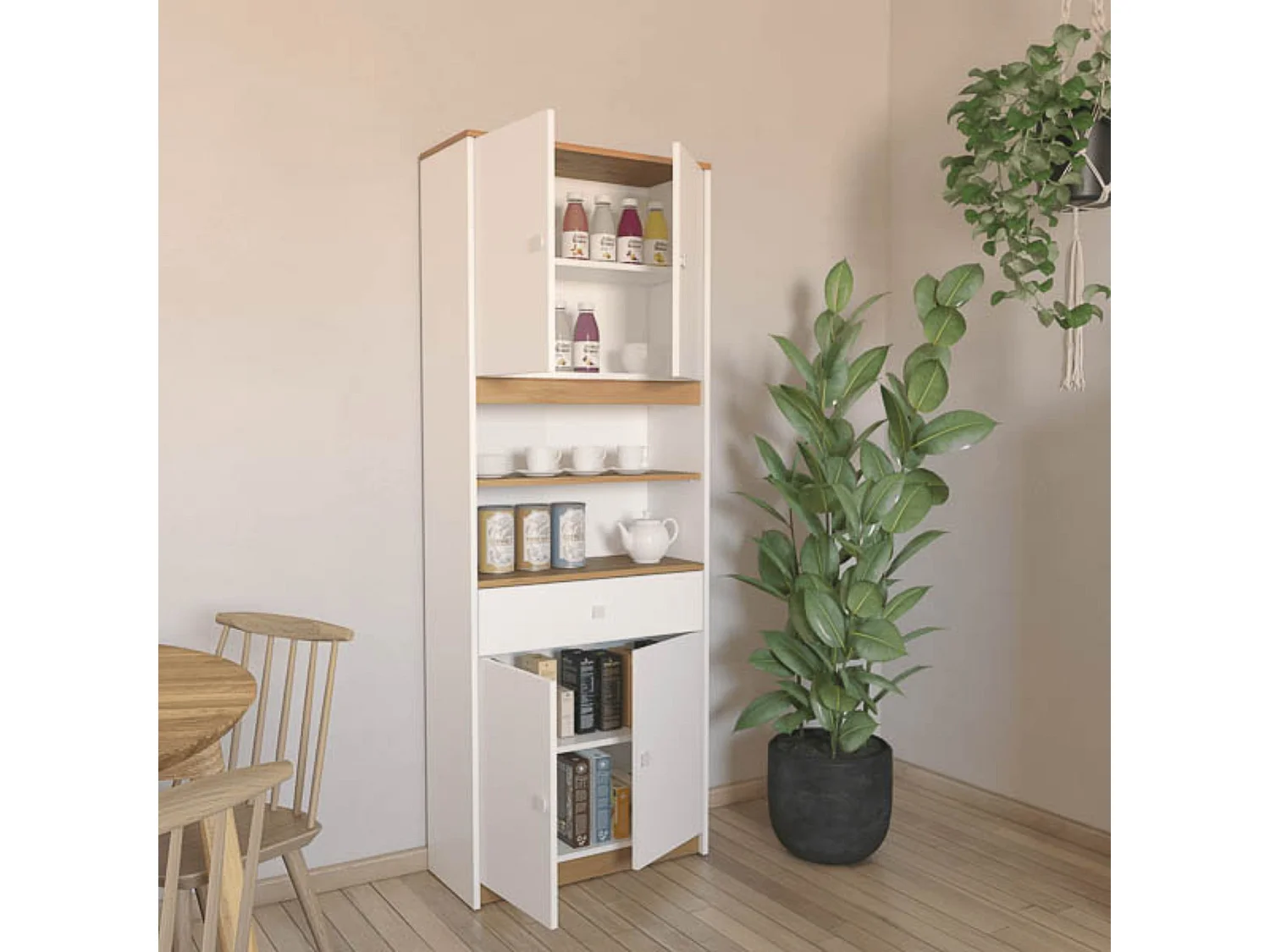 Armario Multiusos Tipo Buffet con 4 Puertas – Acabado Blanco y Roble – 180 x 67 x 29 cm (alto x ancho x fondo)