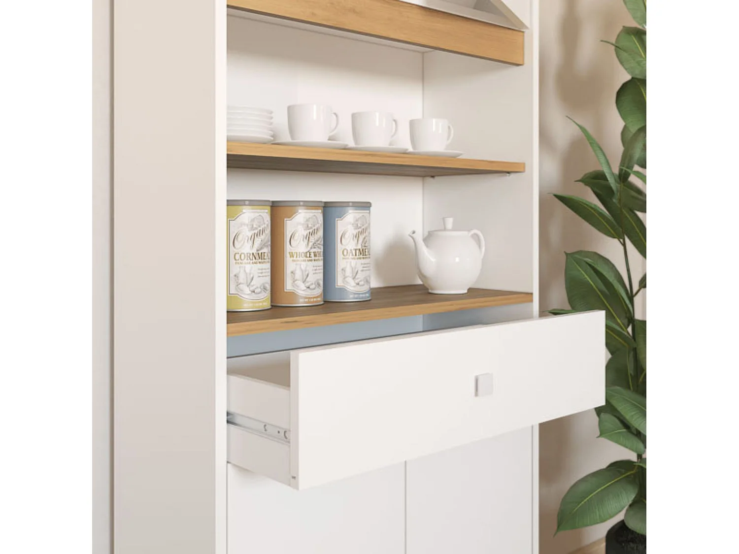 Armario Multiusos Tipo Buffet con 4 Puertas – Acabado Blanco y Roble – 180 x 67 x 29 cm (alto x ancho x fondo)