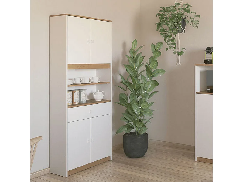 Armario Multiusos Tipo Buffet con 4 Puertas – Acabado Blanco y Roble – 180 x 67 x 29 cm (alto x ancho x fondo)