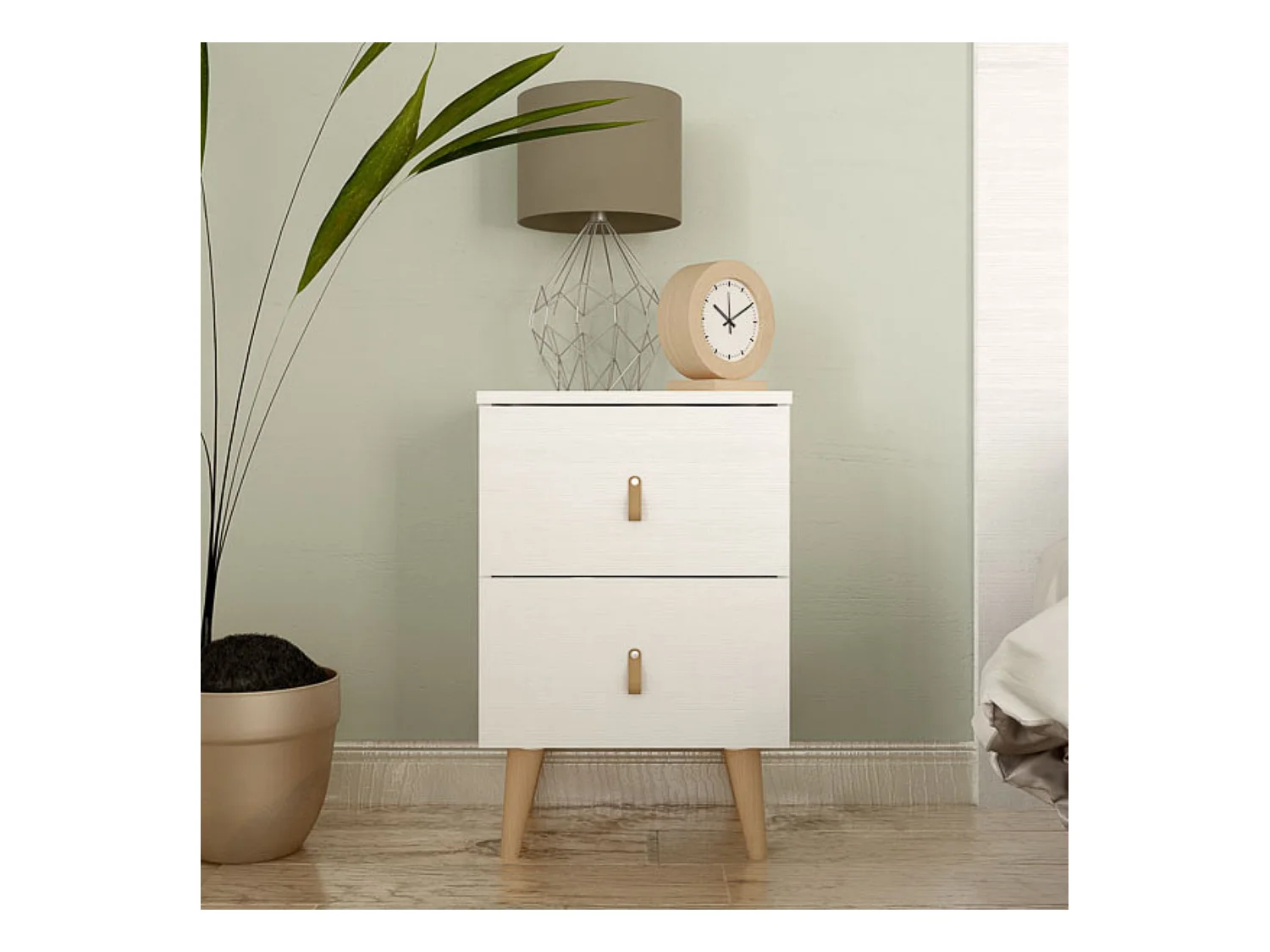 Mesita de Noche 2 cajones, Mesilla de Noche, Color Blanco, Medidas: 40 cm (Ancho) x 34 cm (Fondo) x 61,6 cm (Alto)