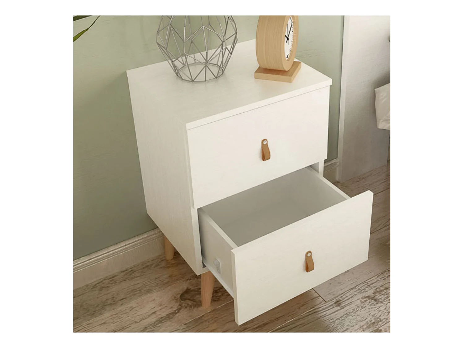 Mesita de Noche 2 cajones, Mesilla de Noche, Color Blanco, Medidas: 40 cm (Ancho) x 34 cm (Fondo) x 61,6 cm (Alto)