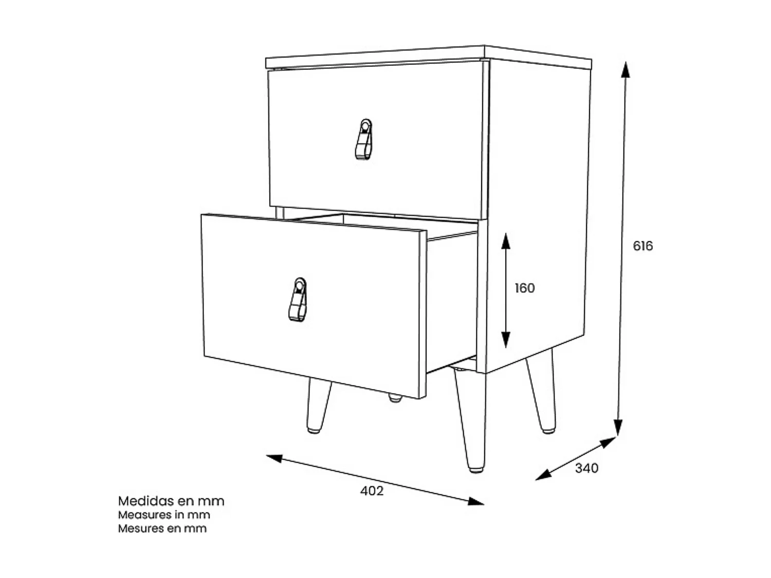 Mesita de Noche 2 cajones, Mesilla de Noche, Color Blanco, Medidas: 40 cm (Ancho) x 34 cm (Fondo) x 61,6 cm (Alto)