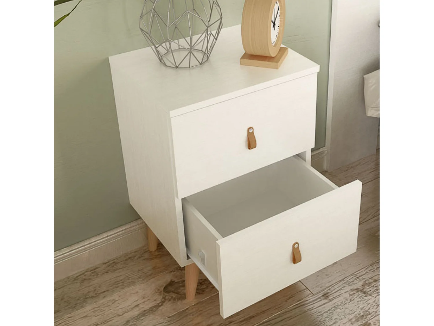 Mesita de Noche 2 cajones, Mesilla de Noche, Color Blanco, Medidas: 40 cm (Ancho) x 34 cm (Fondo) x 61,6 cm (Alto)