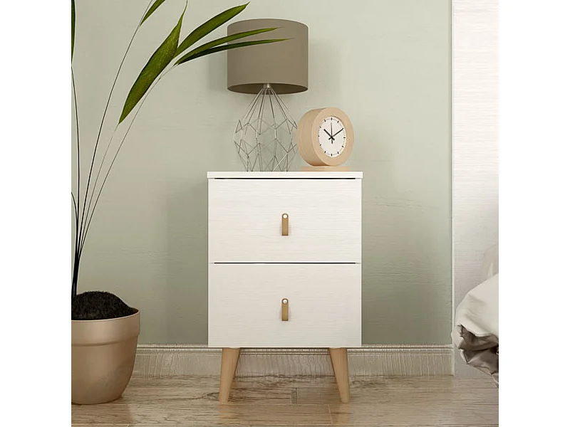 Mesita de Noche 2 cajones, Mesilla de Noche, Color Blanco, Medidas: 40 cm (Ancho) x 34 cm (Fondo) x 61,6 cm (Alto)