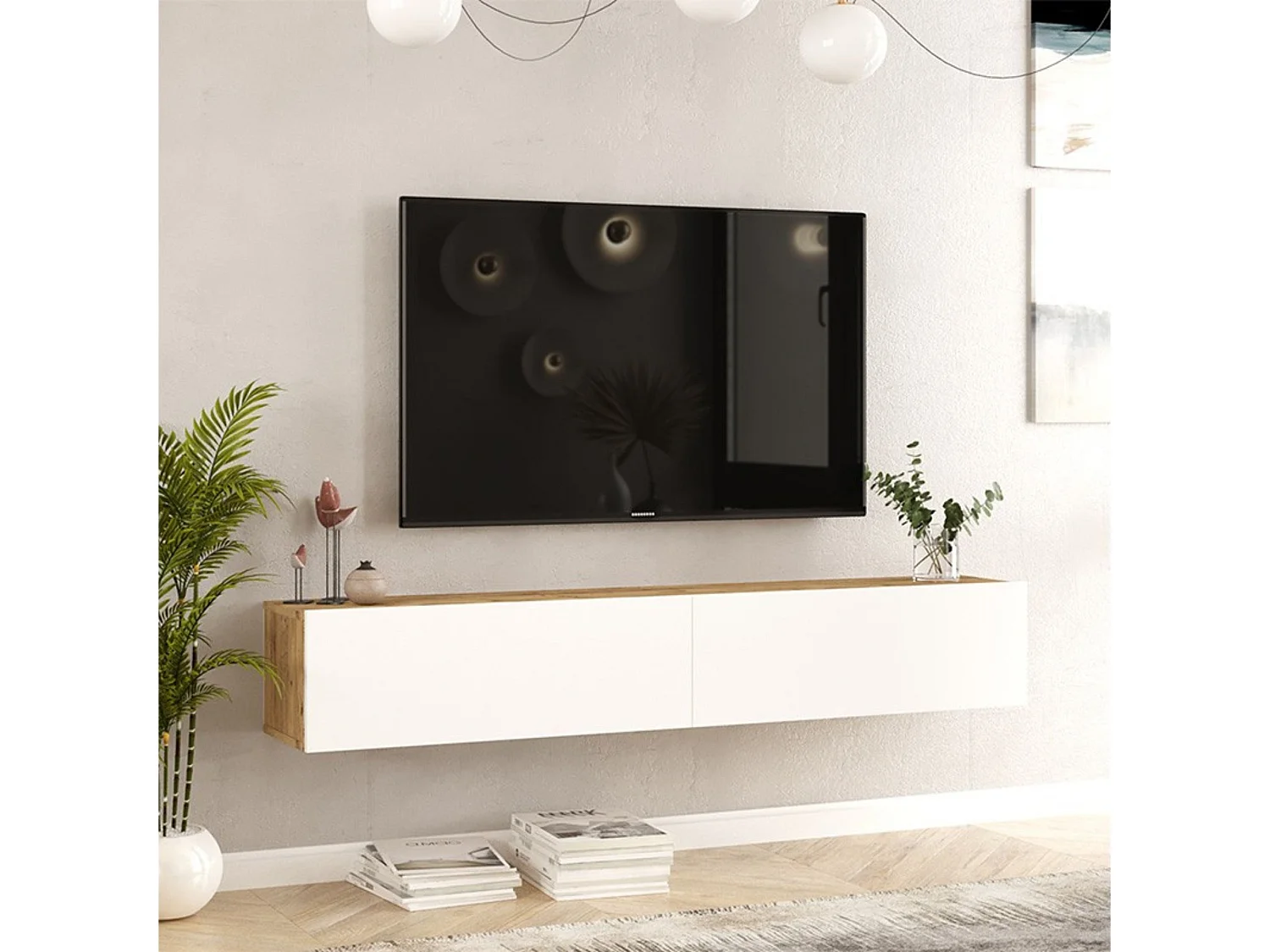 Meyvaser.com Ecommerce Company Mueble de TV de Pared Moderno Color Roble y Blanco con 2 Cajones - 180x31.6x29.6 cm.